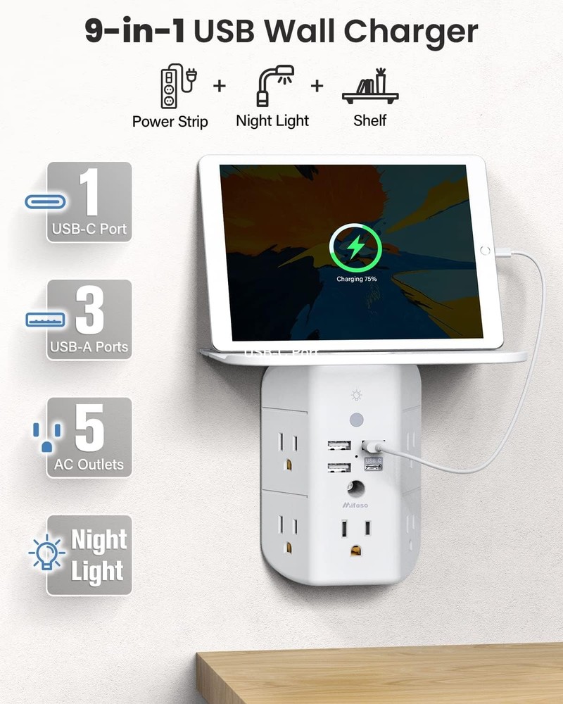 Wall Outlet Extender with Shelf and Night Light Surge Protector Wall Mount