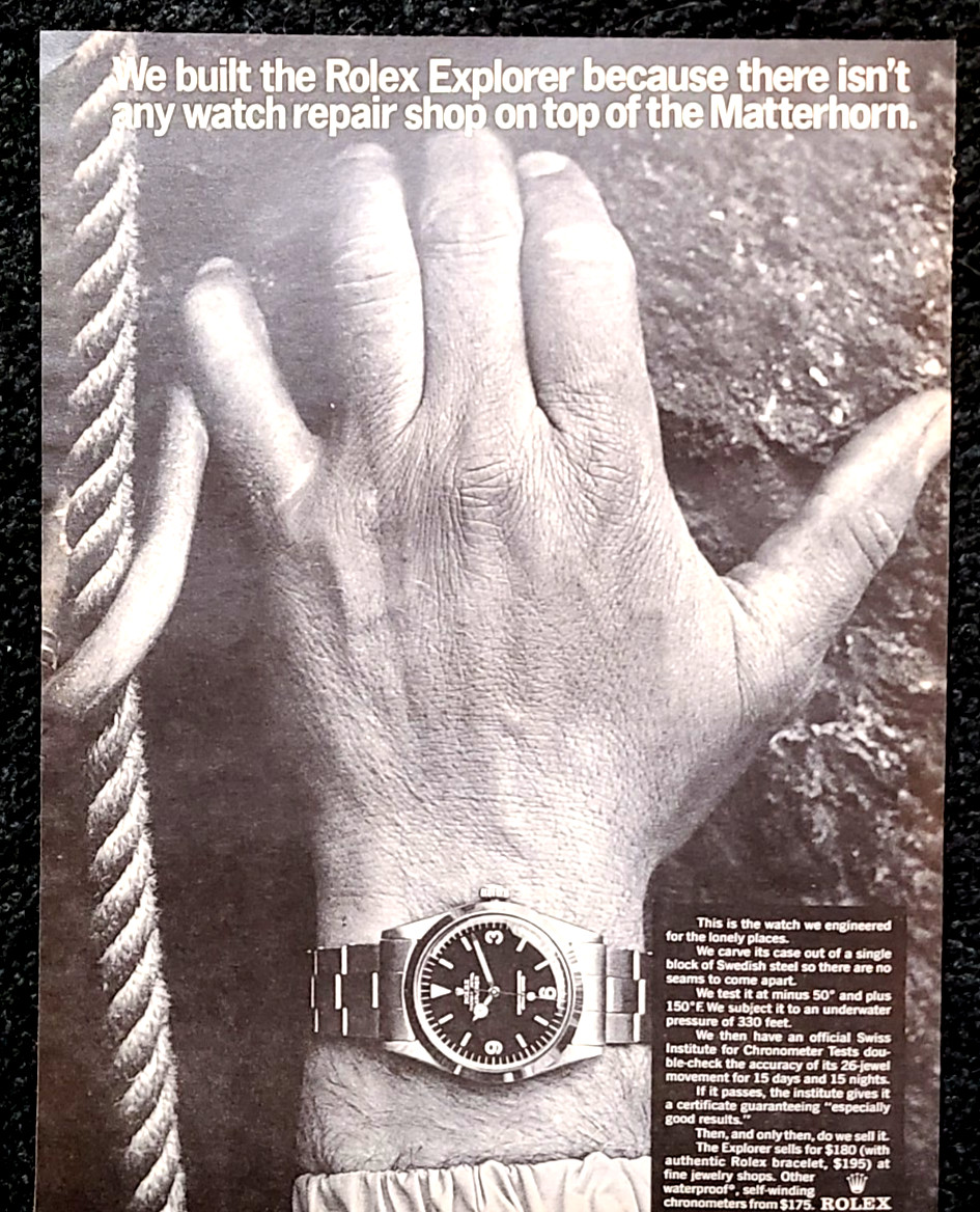 Rolex Explorer Original 1966 Vintage Print Ad On Top Of The Matterhorn Wall Art