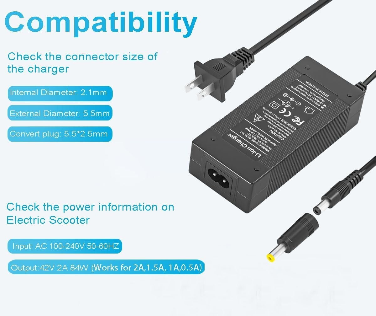 42V 2A Charger Replacement for GOTRAX GXL V2,G2,G3,G4,Apex,Glider,XR Elite