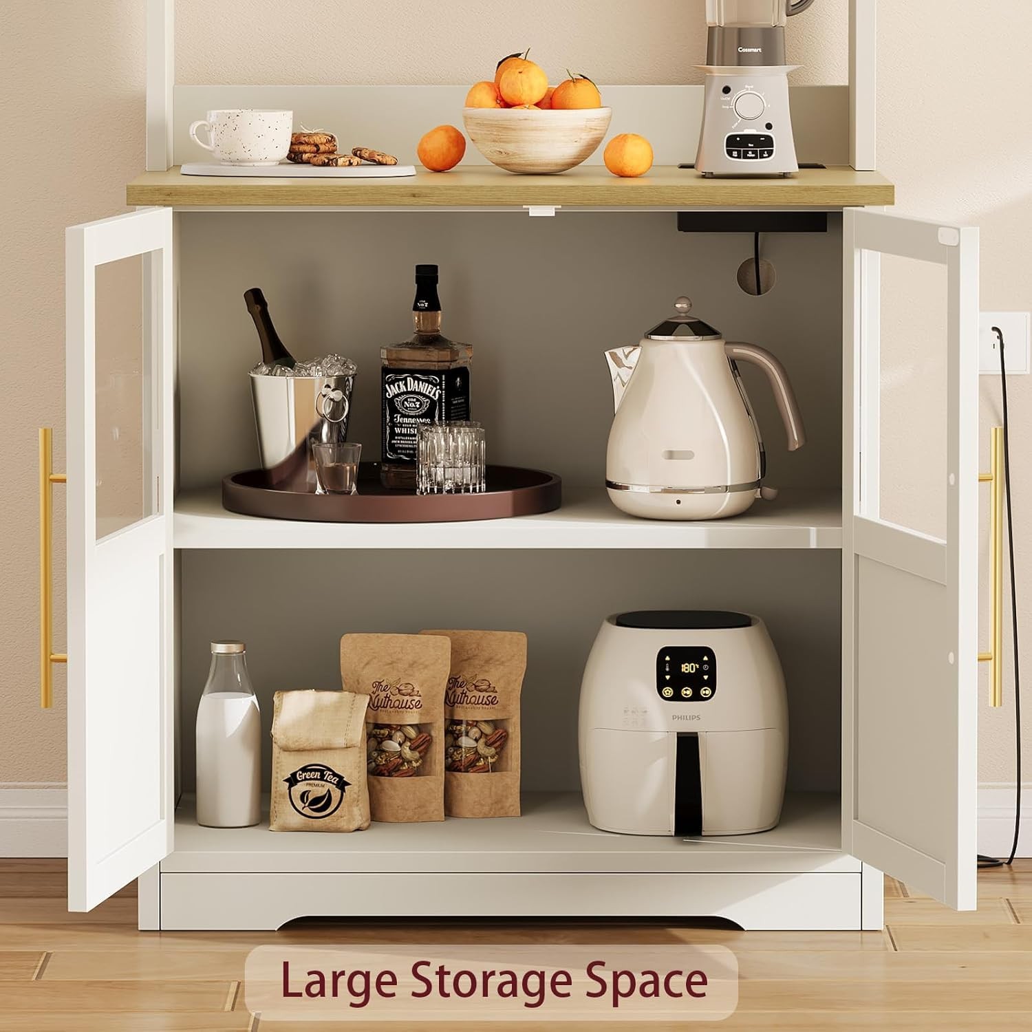 Freestanding 6-Tier Microwave Stand Bakers Rack with Power Outlet Door Storage