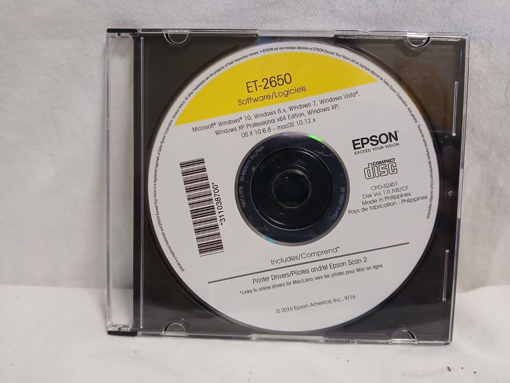 Epson ET-2650 Printer Software & Drivers Disc CD Windows Mac