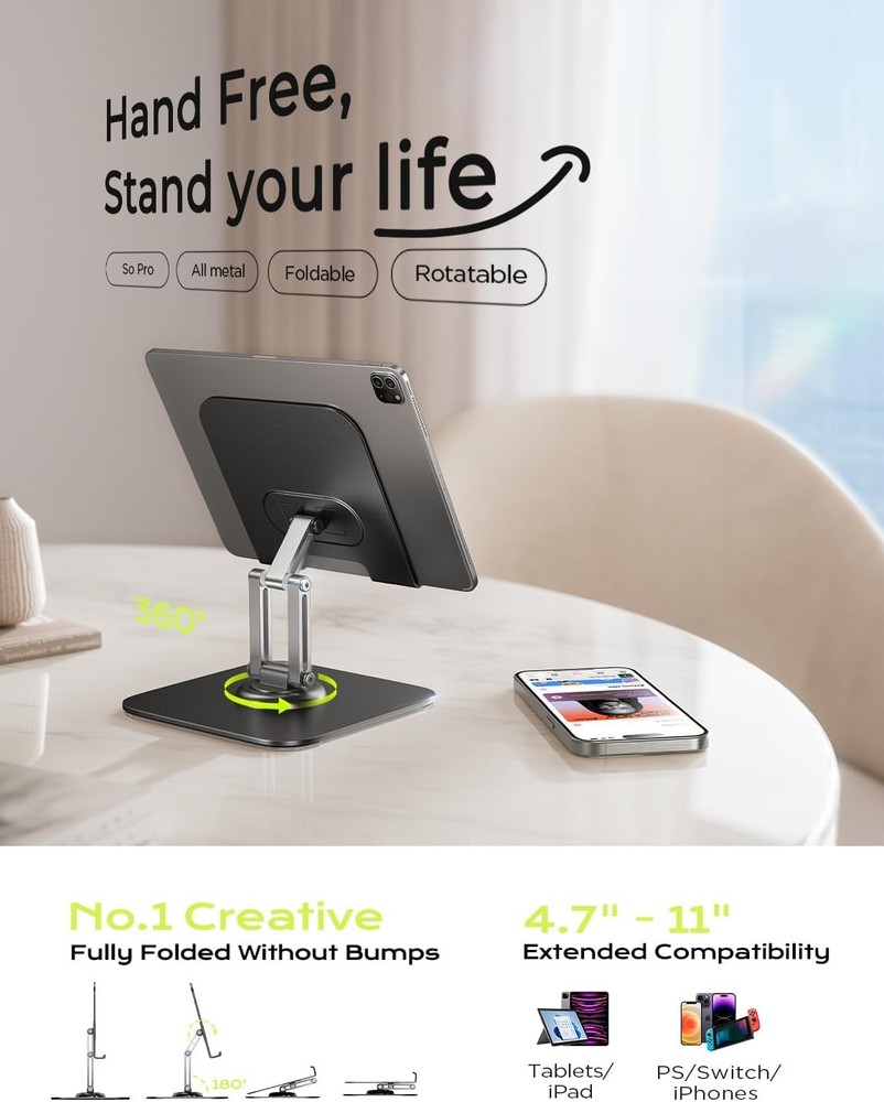 Ipad Stand Holder Adjustable Tablet Stand for Desk Rotating Black
