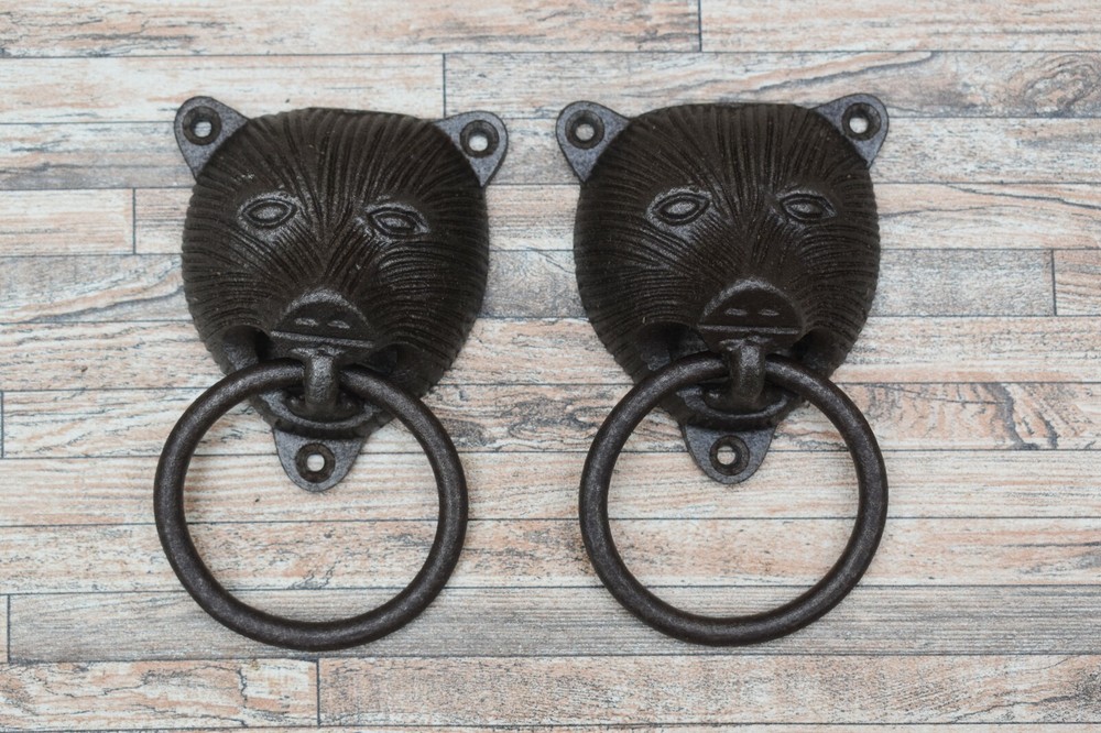 2p Vtg Cast Iron Panda Bear Door Gate Cabinet Cupboard Pull Drop Handle Knocker