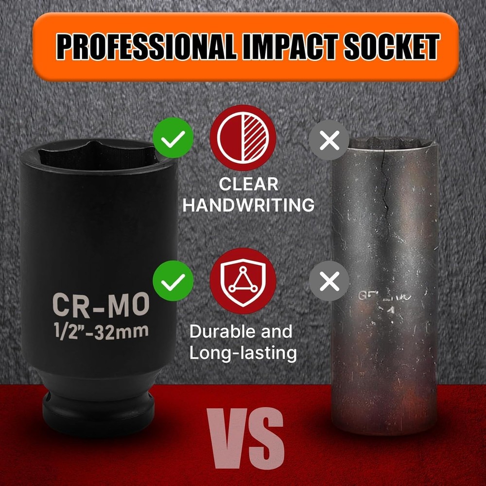 22mm Socket 1/2" Drive Deep Impact Metric Socket,CR-MO 6 Point