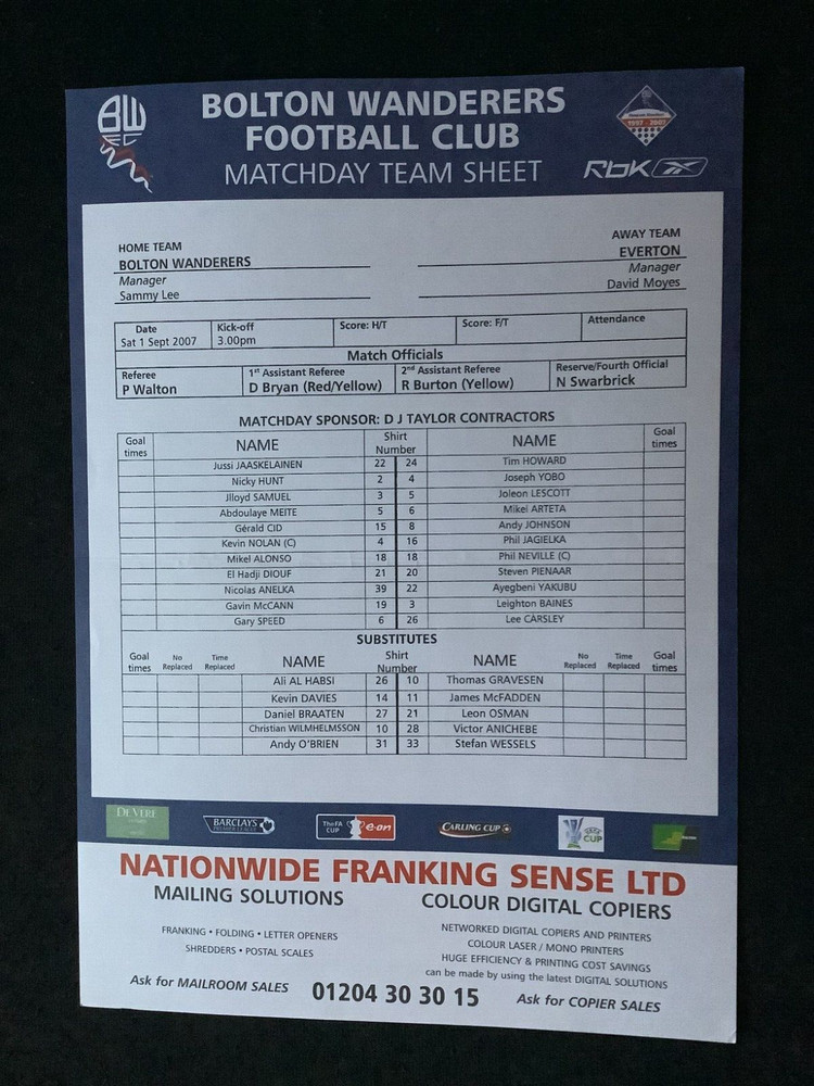 2007/8 Bolton Wanderers v Everton teamsheet