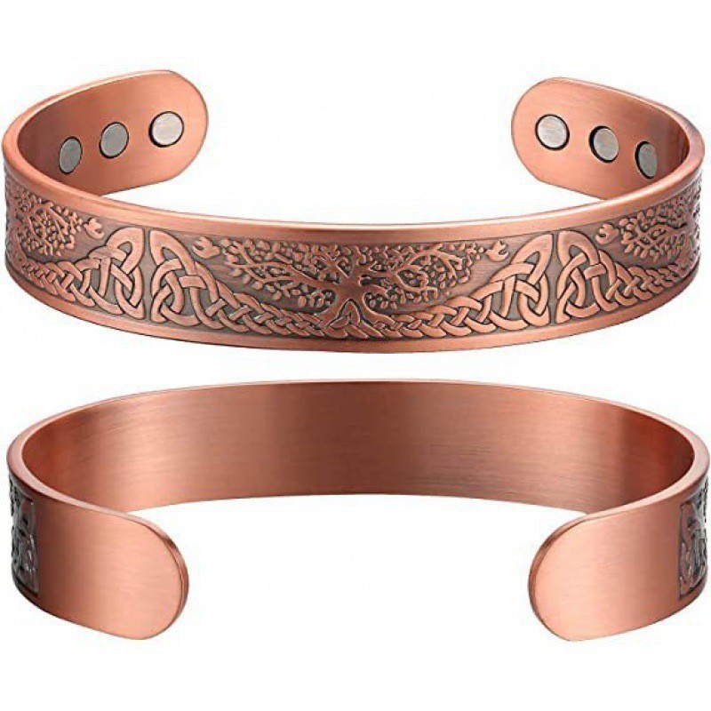 Men's Bracelet Magnetic Solid Pure Copper Bangle Tree Therapy Relief Arthritis