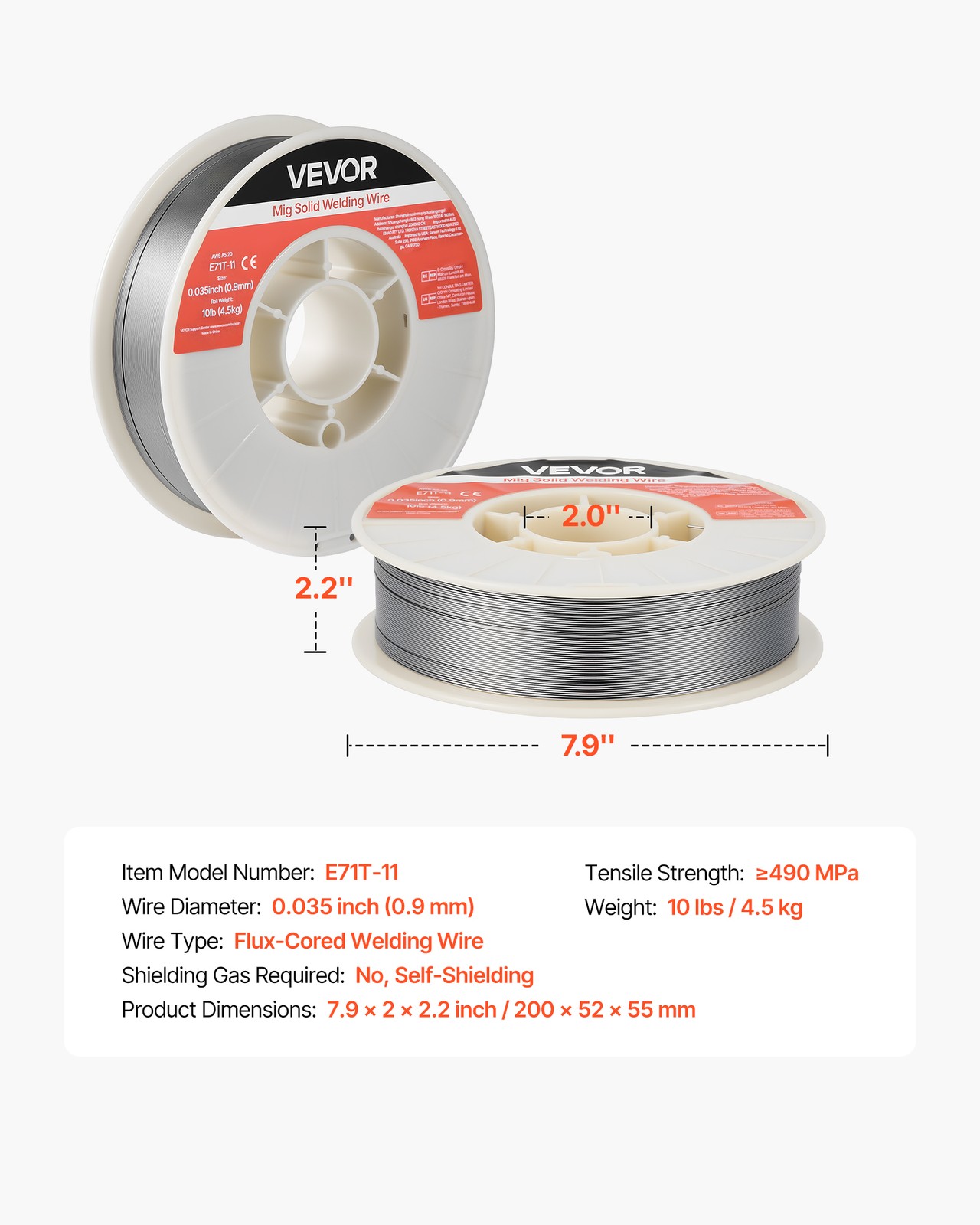 VEVOR Flux Core MIG Welding Wire E71T-11 0.035" 10LB Gasless Mild Steel MIG Wire