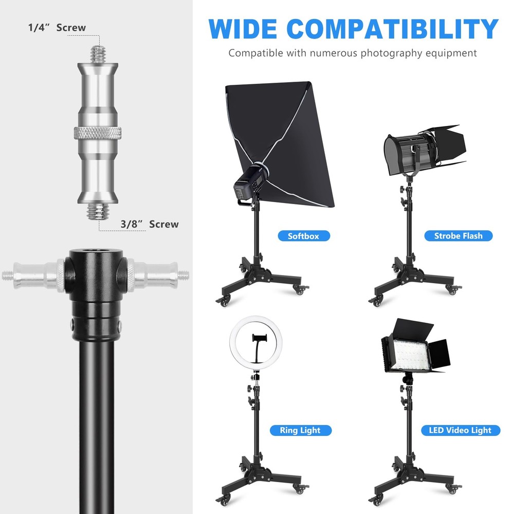 Short Floor Light Stand with Casters, 23.8-32.9" Removable Foldable Rolling S...