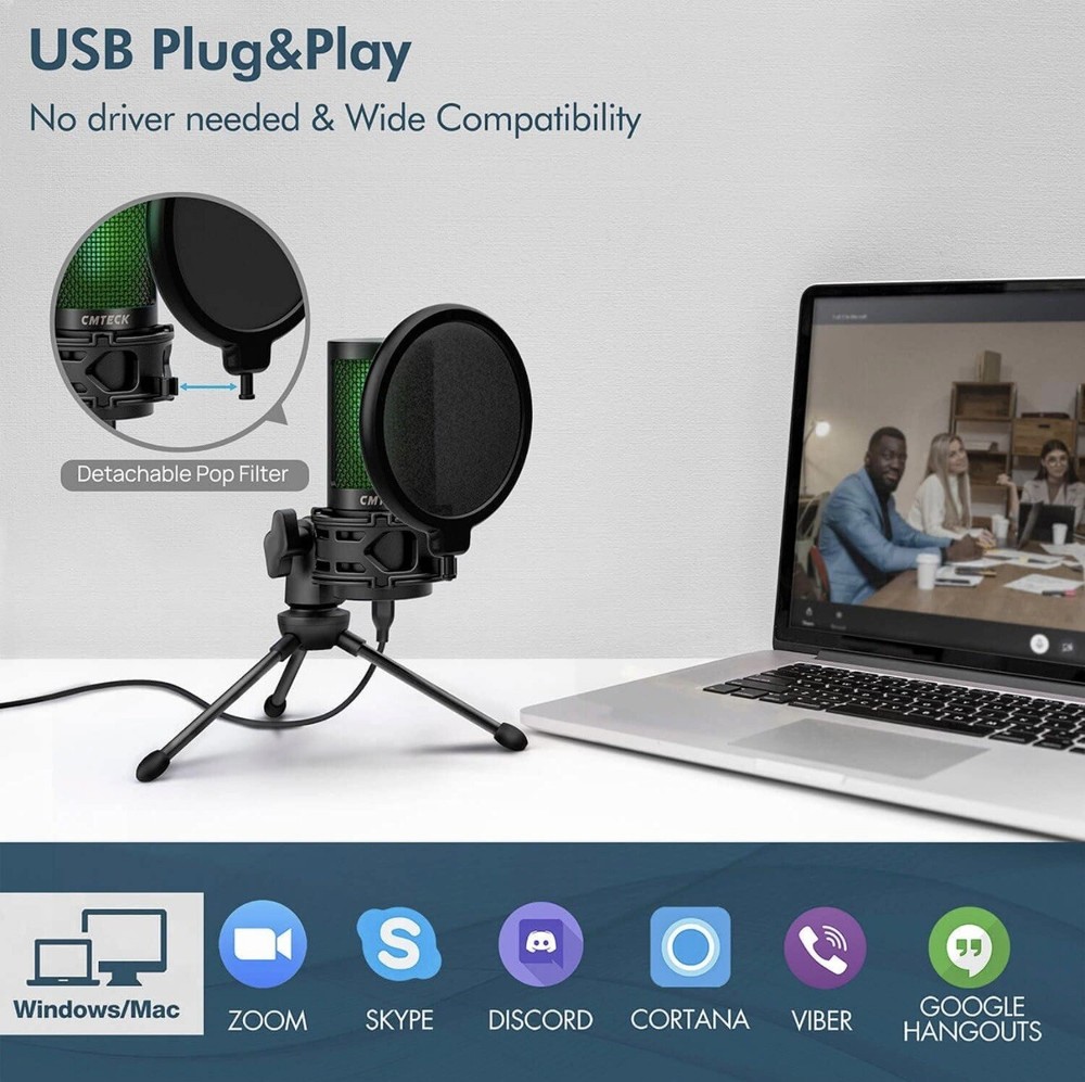 USB Microphone,Podcast Microphone with Pop Filter&Mute Button,Compatible Laptop