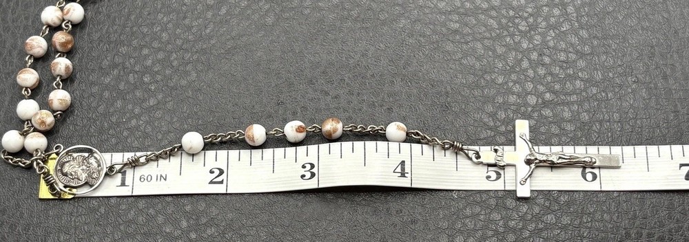 VTG AF Co Sterling Silver White Glitter Glass Catholic Rosary Beads Crucifix