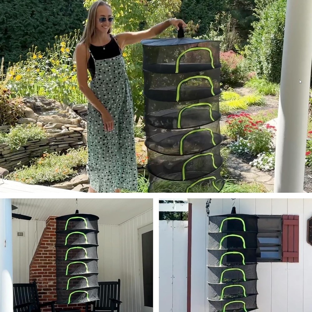 Herb Drying Rack Hanging Mesh 4 Layer 18" W/ Zipper Garden Pruning Shear Hook &