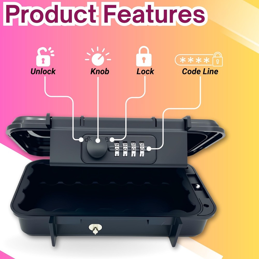 Portable Security Lock Box with Combination Lock Waterproof Mini Safe Box wit...