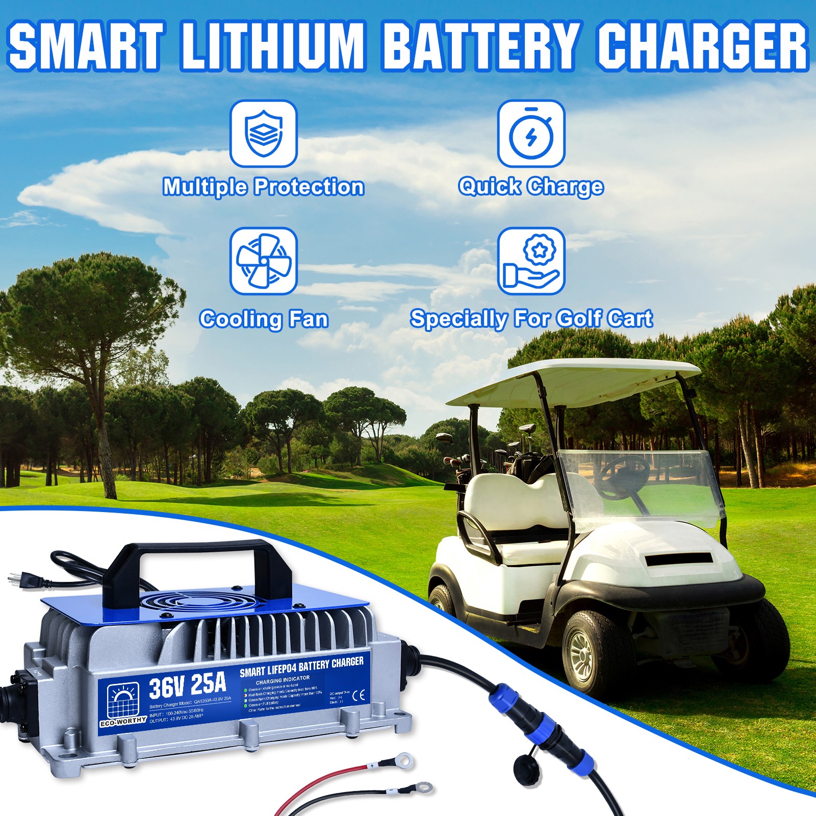 ECO-WORTHY 36V 50AH Lithium Golf Carts Lifepo4 Battery with 36V 25A Charge
