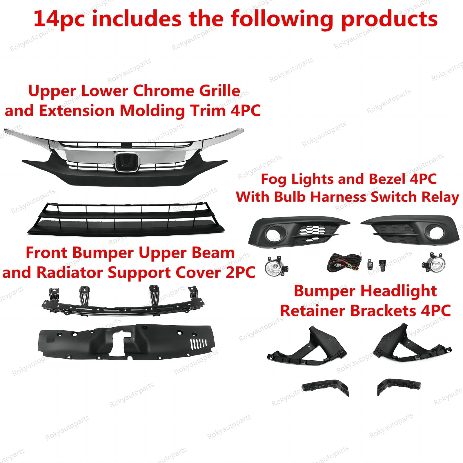 For CIVIC 2016-18 Grilles/Fog Light Set/Radiator Cover/Bumper Headlight Brackets