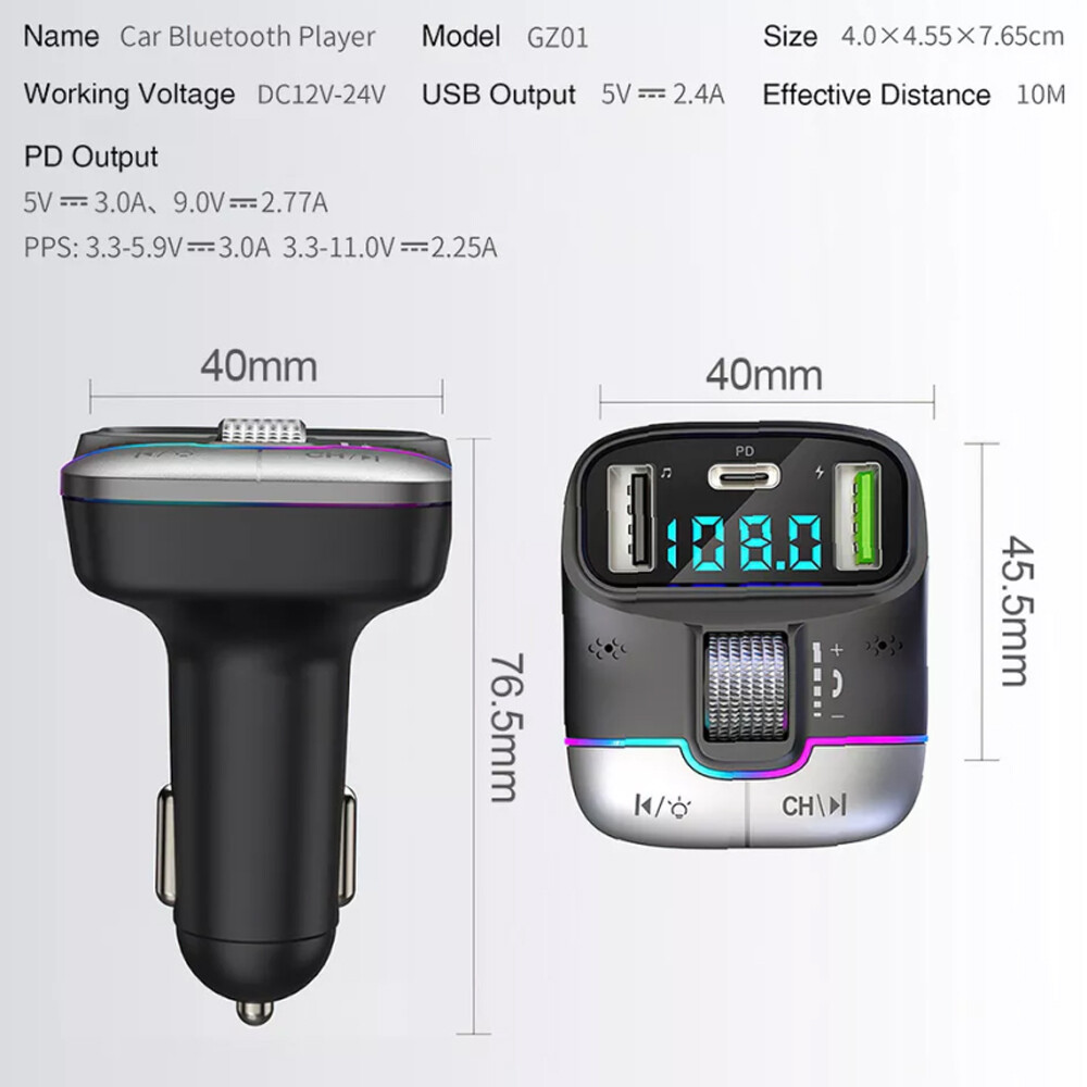 Car Bluetooth 5.3 FM Transmitter Wireless USB PD Adapter MP3 Player Fast Charger