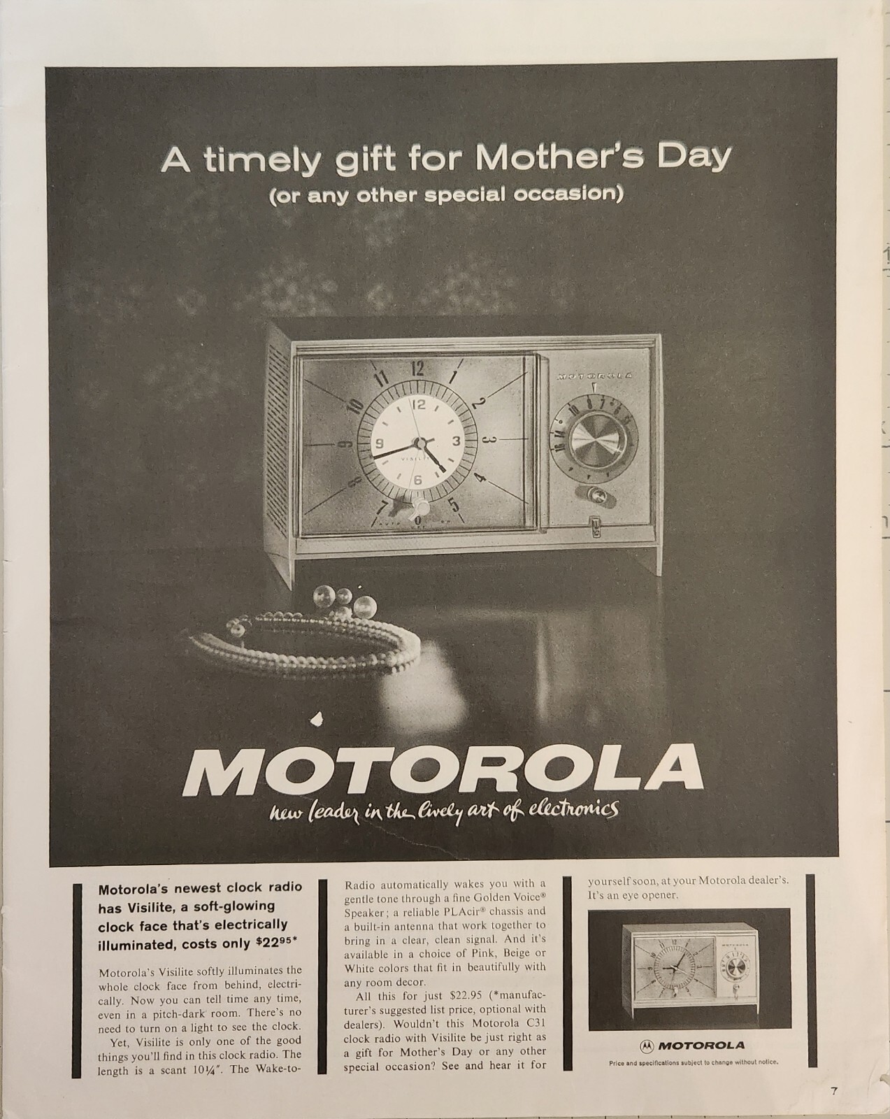 1963 Motorola electronics Vintage Ad 14 x 11 clock radio for mothers day