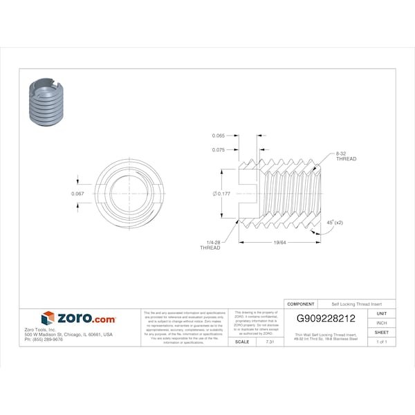 Thin Wall Self Locking Thread Insert, No. 8-32 Int Thrd Sz, 18-8 Stainless