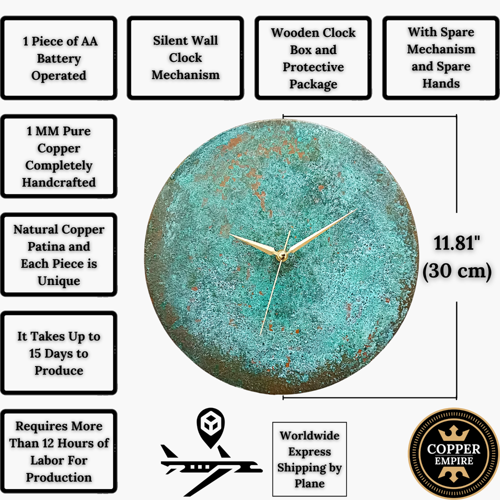 Modern Wall Clock, Unique Handmade Art Deco Patina Copper Wall Clock Wall Decor