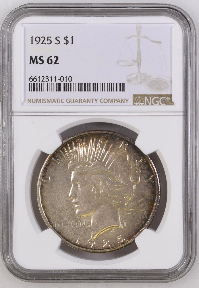 1925-S Silver Peace Dollar, NGC MS 62, Edge Toned