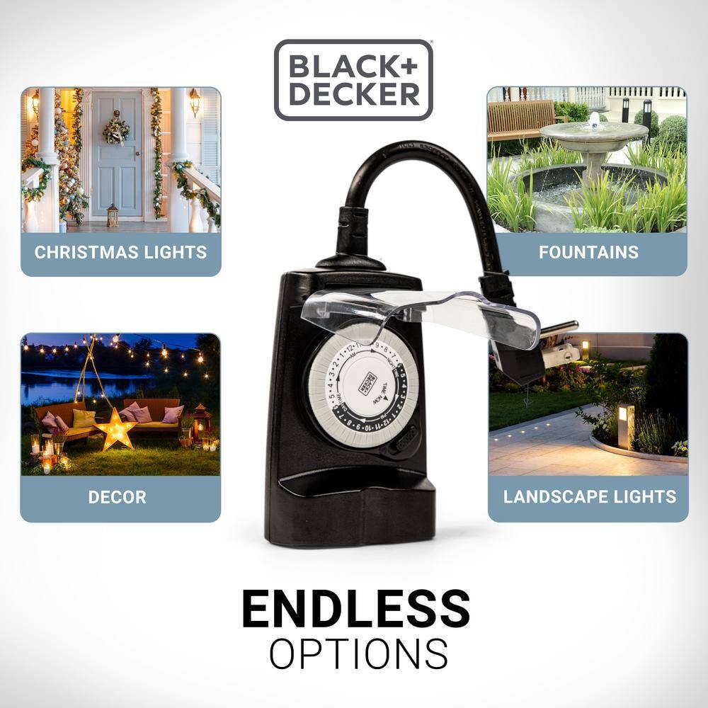 BLACK+DECKER Outdoor Timer 2 Grounded Outlets Waterproof for Lights (2 Pack)