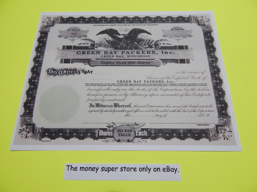 Blank Green Bay Packers, Inc. stock certificate COPY of original document.