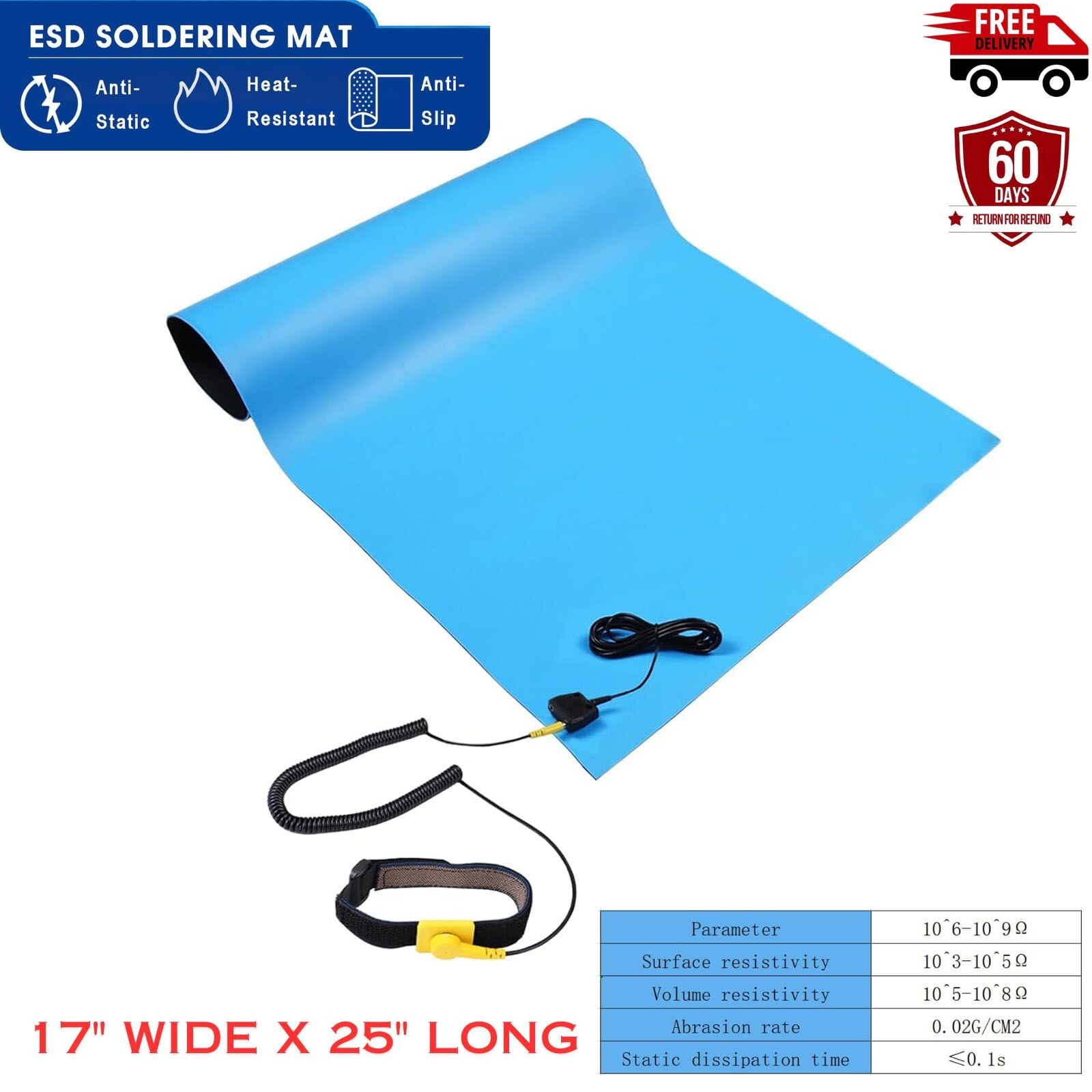 Anti Static ESD Mat for Pc with Wrist Strap & Ground Cord 17" Wide x 25" Long
