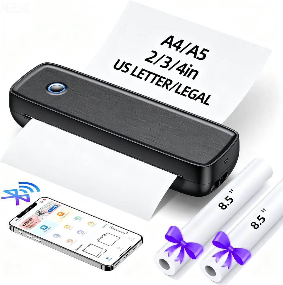 Portable Inkless Printer, Wireless Bluetooth Thermal Printer with 4200Mah Batter