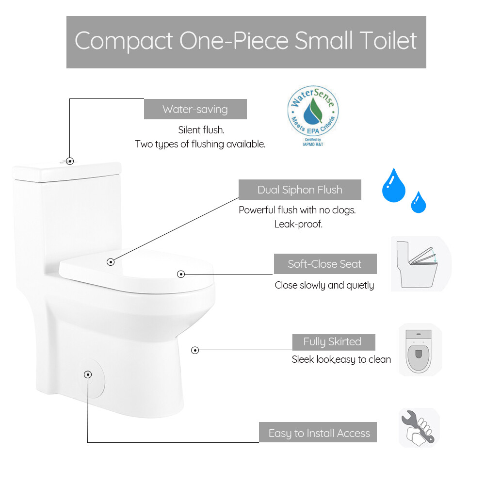 HOROW Modern Small Toilet One Piece Toilet White Dual Flush w/ Soft Close Seat