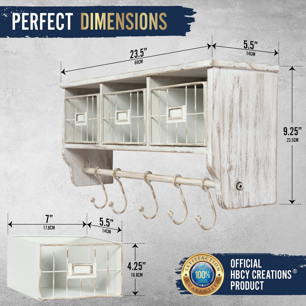 Rustic Whitewashed Solid Wood Entryway Wall Shelf 24" Coat Hooks Baskets