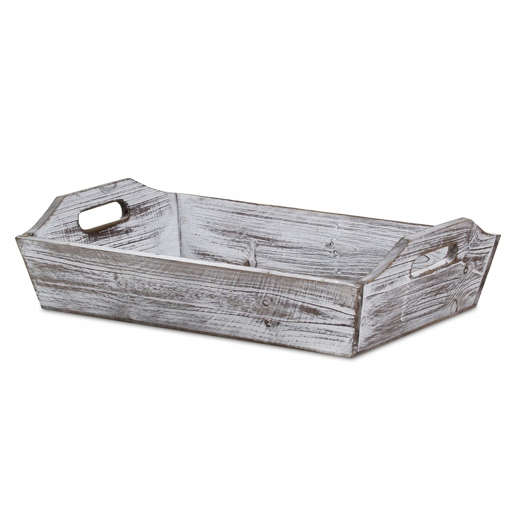 White Rustic Finish Wood Serving Tray With Handles