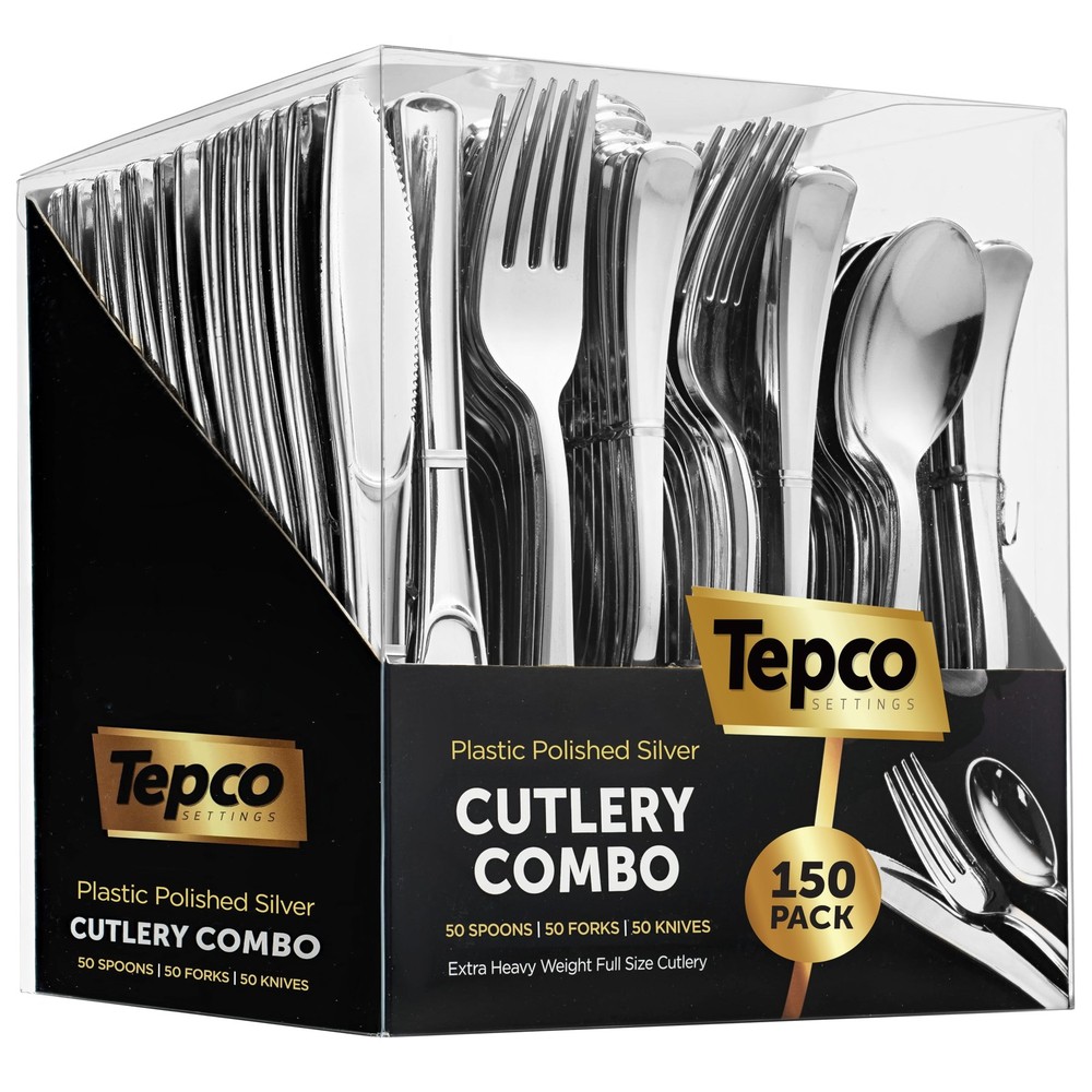 150 Silver Plastic Silverware Set - Disposable Flatware Standard,