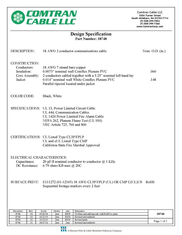 ComTran 38748 18/2C Plenum Stranded Security/Alarm/Control Cable CMP White/100ft