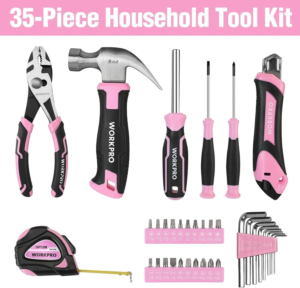 35-Piece Pink Tools Set, Household Tool Kit with Storage Toolbox, Basic Tool ...