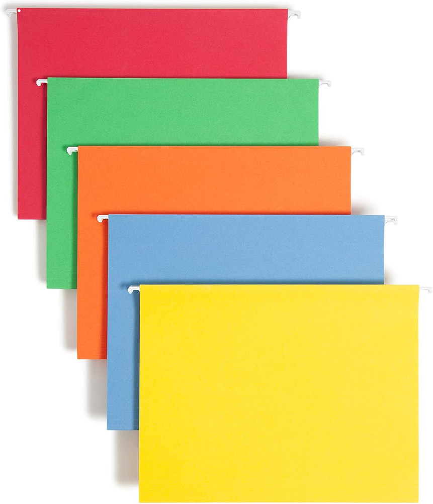 Standard Hanging File Folders, 25 Count, Assorted Primaries, 1/5-Cut Adjustable