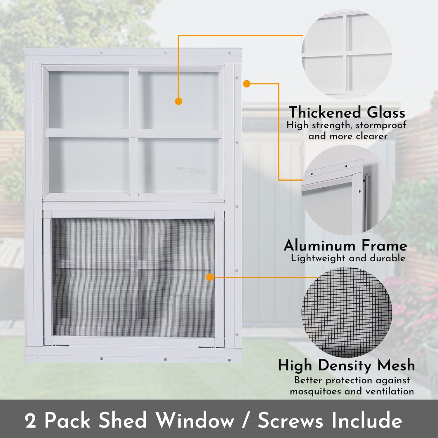 2 Pack Shed Windows, 14'' X 21'' Household Windows with Tempered Glass and Fiber