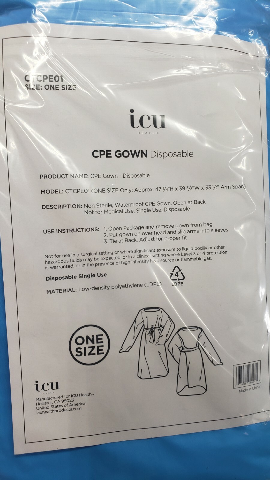 ICU Health CPE Gown Disposable CTCPE01 Open Back 10pk