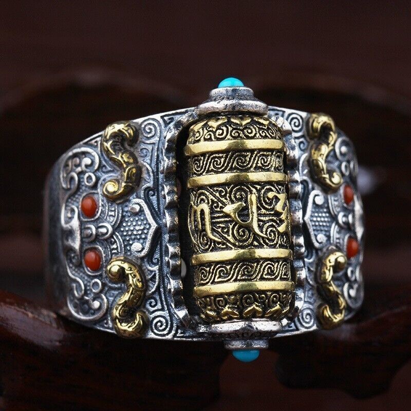 Men's Open Ring Buddhist prayer wheel Ring Adjustable Ring