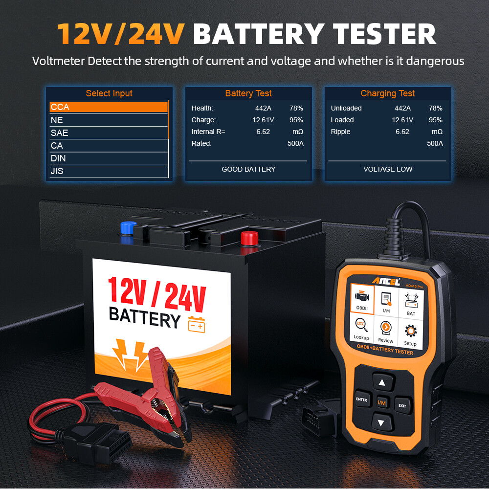 ANCEL AD410 PRO 12V Battery Tester & Car Code Reader OBD2 Engine Diagnostic Tool