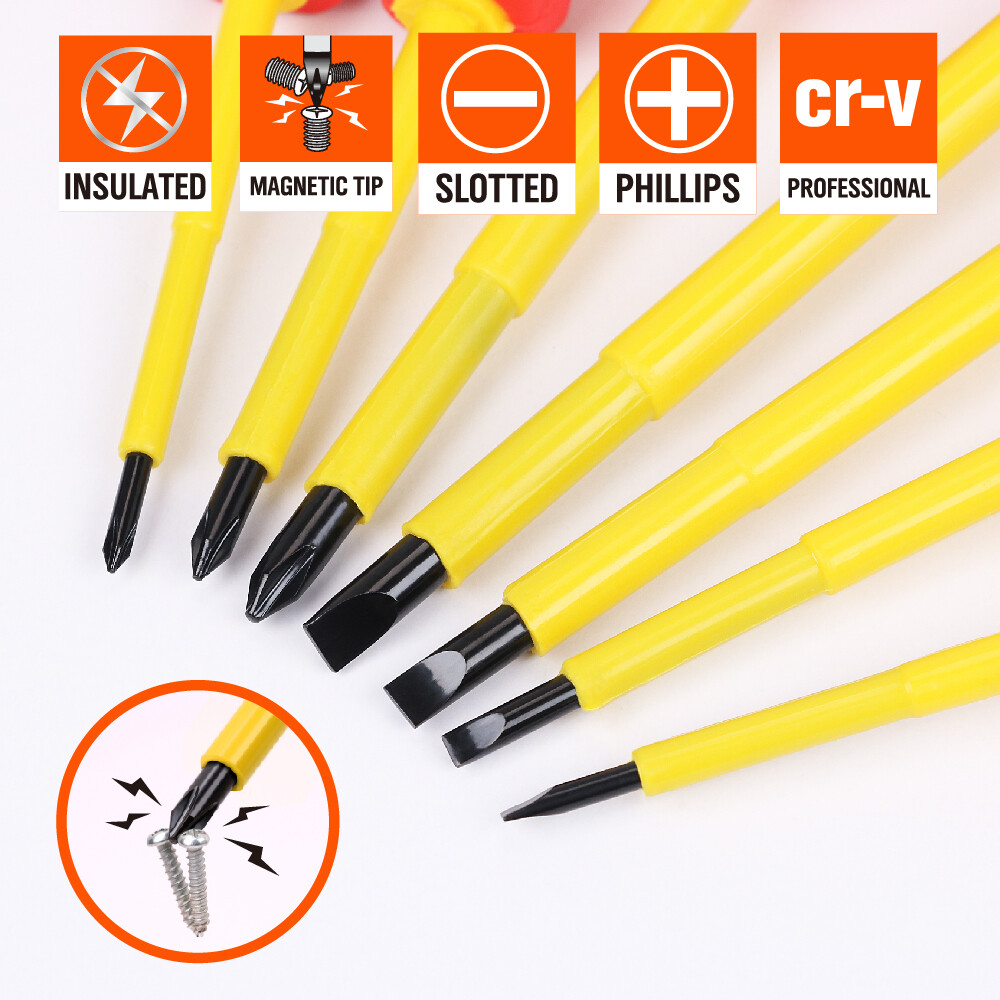 8pc Electrician's Insulated Magnetic Electrical Hand Screwdriver Tool Set & Case