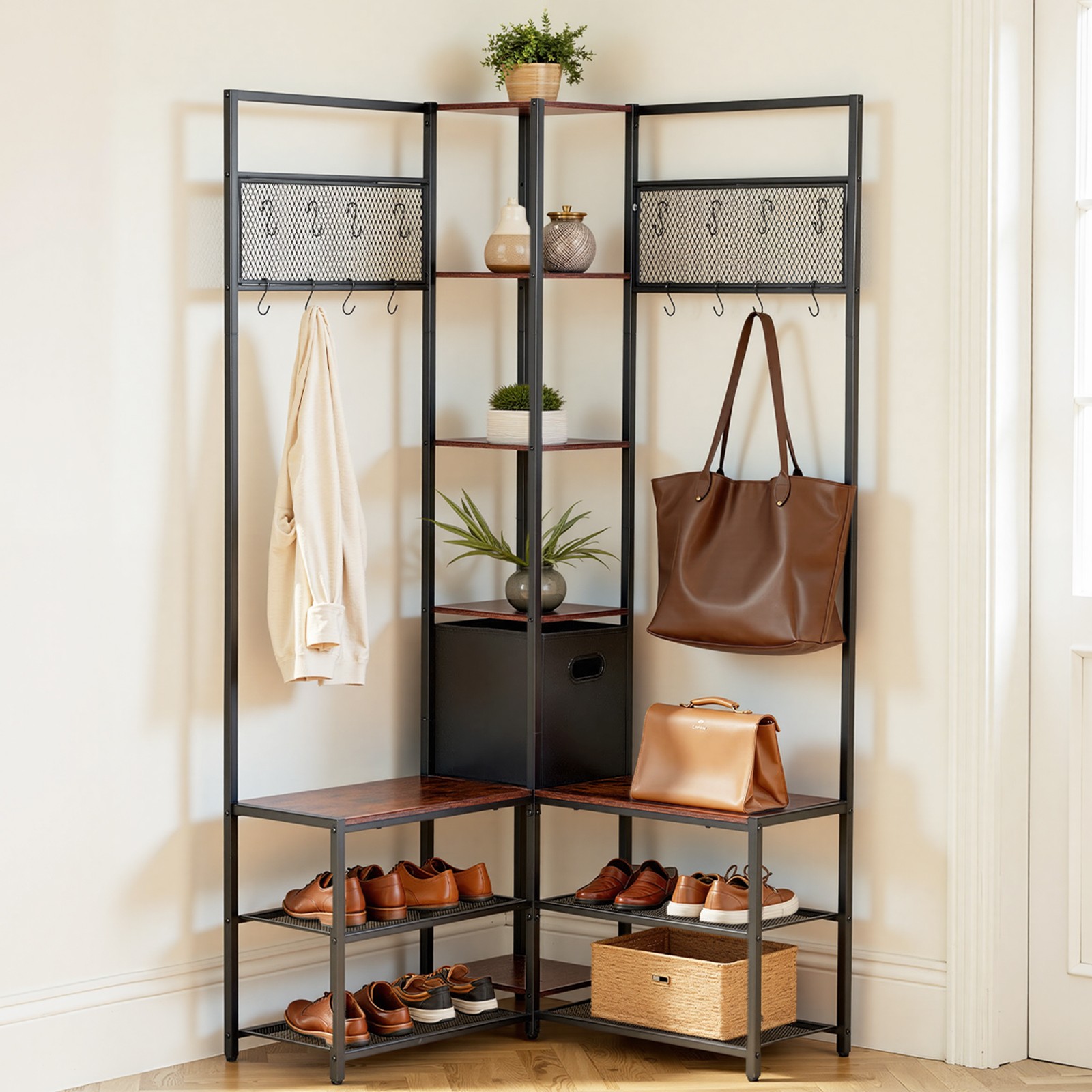 Uimoso Corner Hall Tree with Shoe Bench, 70.9 in Coat Rack with Hooks and Frame