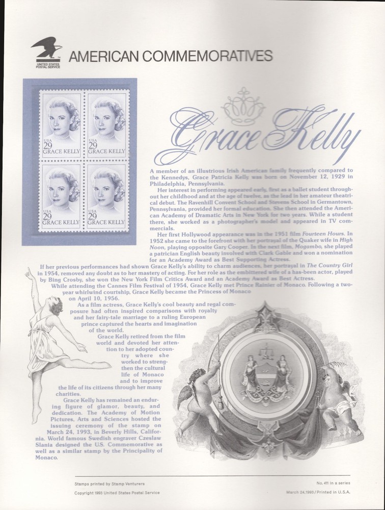 1993 Commemorative Panel Honoring Grace Kelly