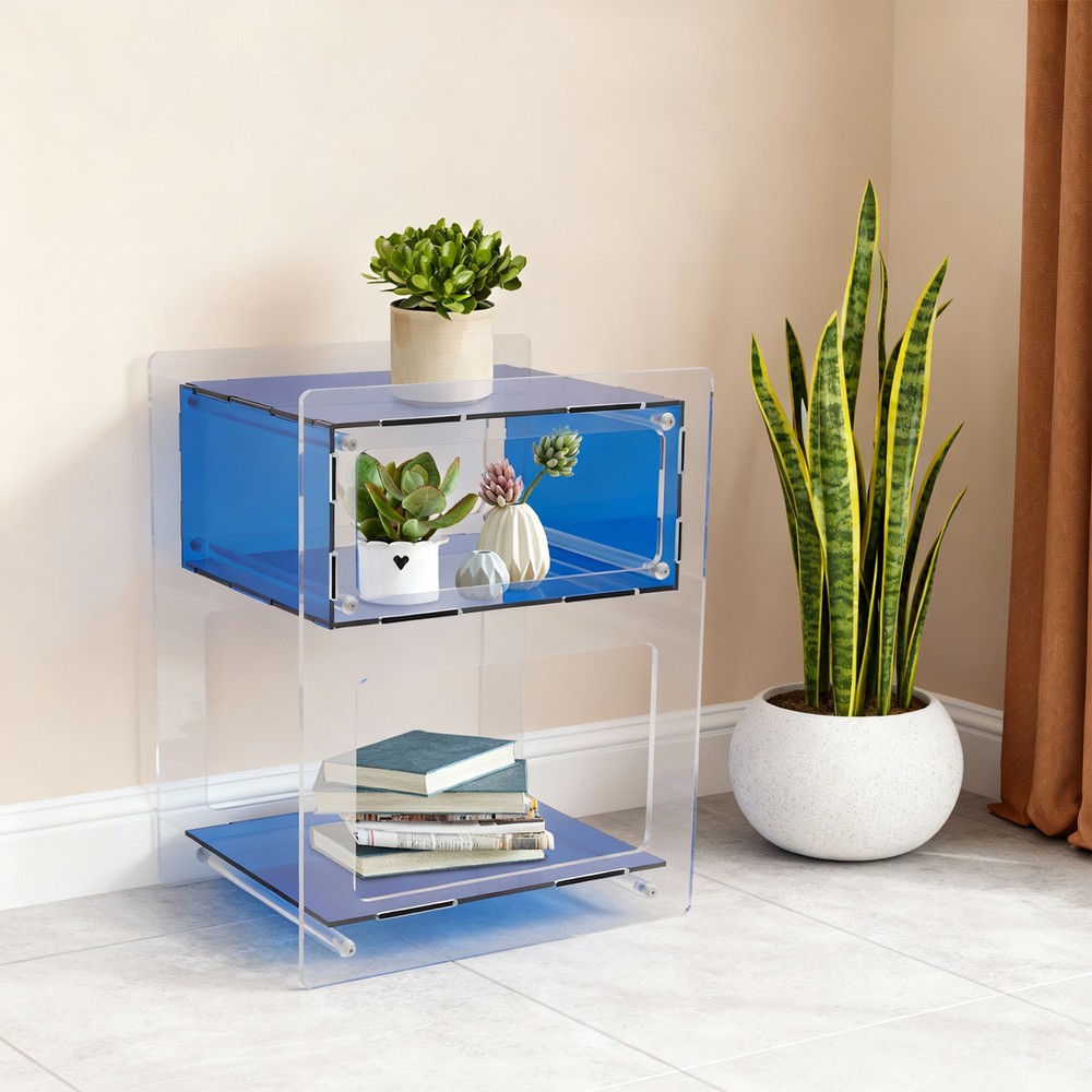 Blue Acrylic Side Table, Acrylic Nightstand, Rectangle Storage Shelf