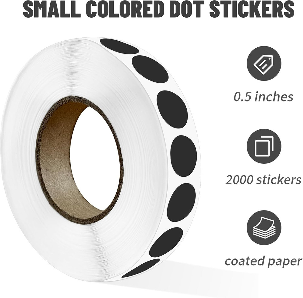 2000 PCS 1/2" Black Dot Stickers round Circle Colored Coding Labels Dot Stickers