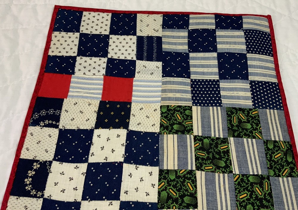 Vintage Antique Patchwork Quilt Table Topper, Four Patch, Early Calicos, Navy