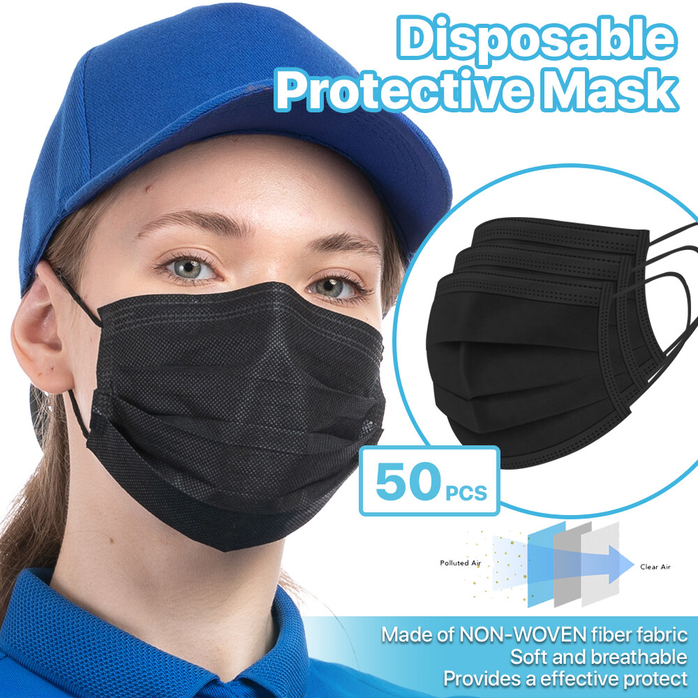 [Black] 50 Pcs Disposable Face Masks 3-Ply Non Medical Surgical Earloop Cover