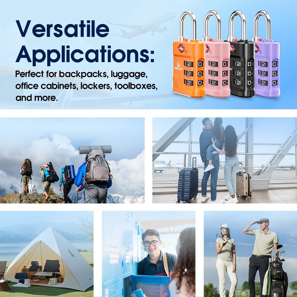 TSA Approved Luggage Lock – 3-Digit Resettable Combination Padlock with Open ...