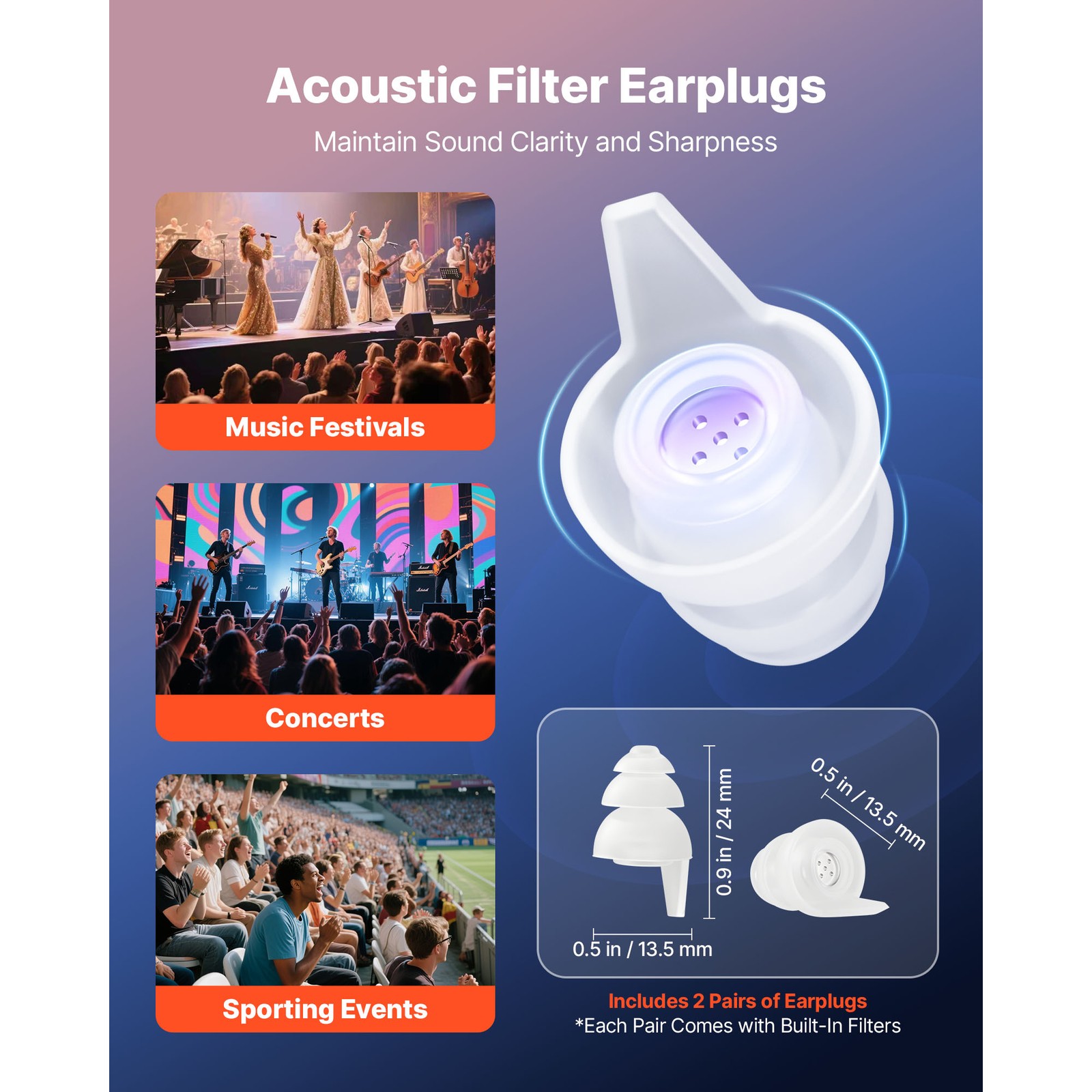 Concert Ear Plugs 2 Pairs High Fidelity SNR 27 dB Silicone Music Earplugs