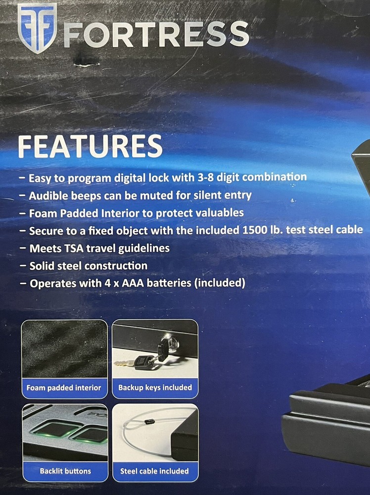 Fortress 11E20 Portable Security Safe Electronic Lock Backup Key TSA Compliant