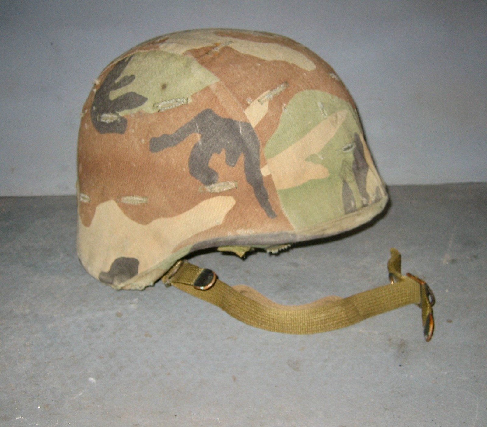 U.S. Military Combat Helmet made with Kevlar + Camo Cover, Chin Strap, & Webbing