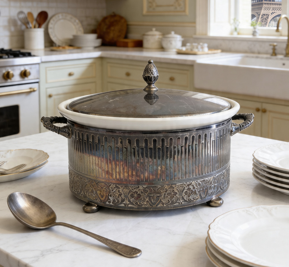 Reed & Barton 1174 Silverplate Casserole Dish Holder Hall China RB Inset Vintage